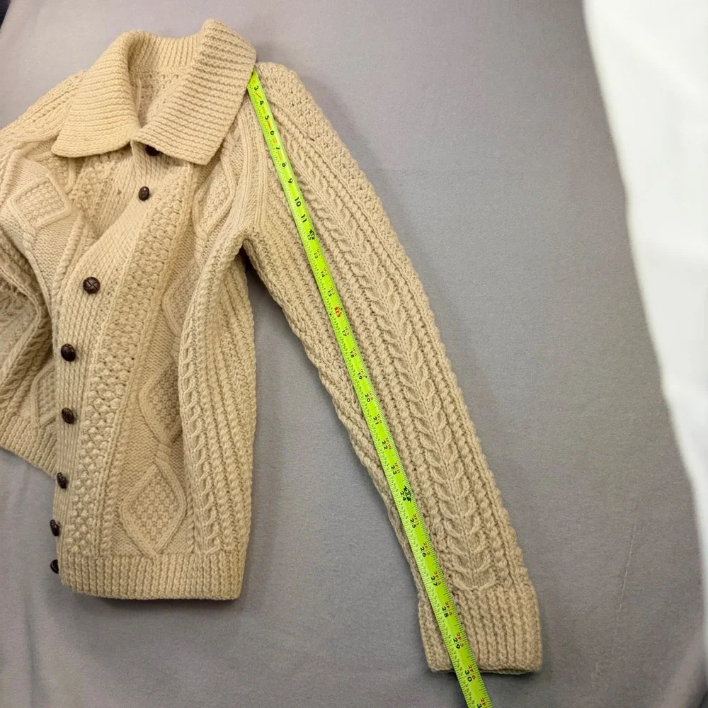 Vintage Fisherman Hand Knit Wool Cardigan Cream Cable Knit Sweater Spread Collar